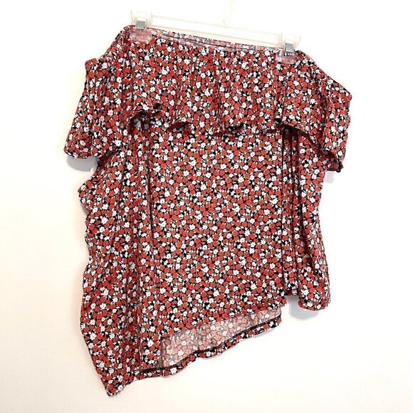 H&M One Shoulder Top Red White Navy Blue Floral Ruffle Trim 100% Cotton Tank 4XL - Picture 3 of 13
